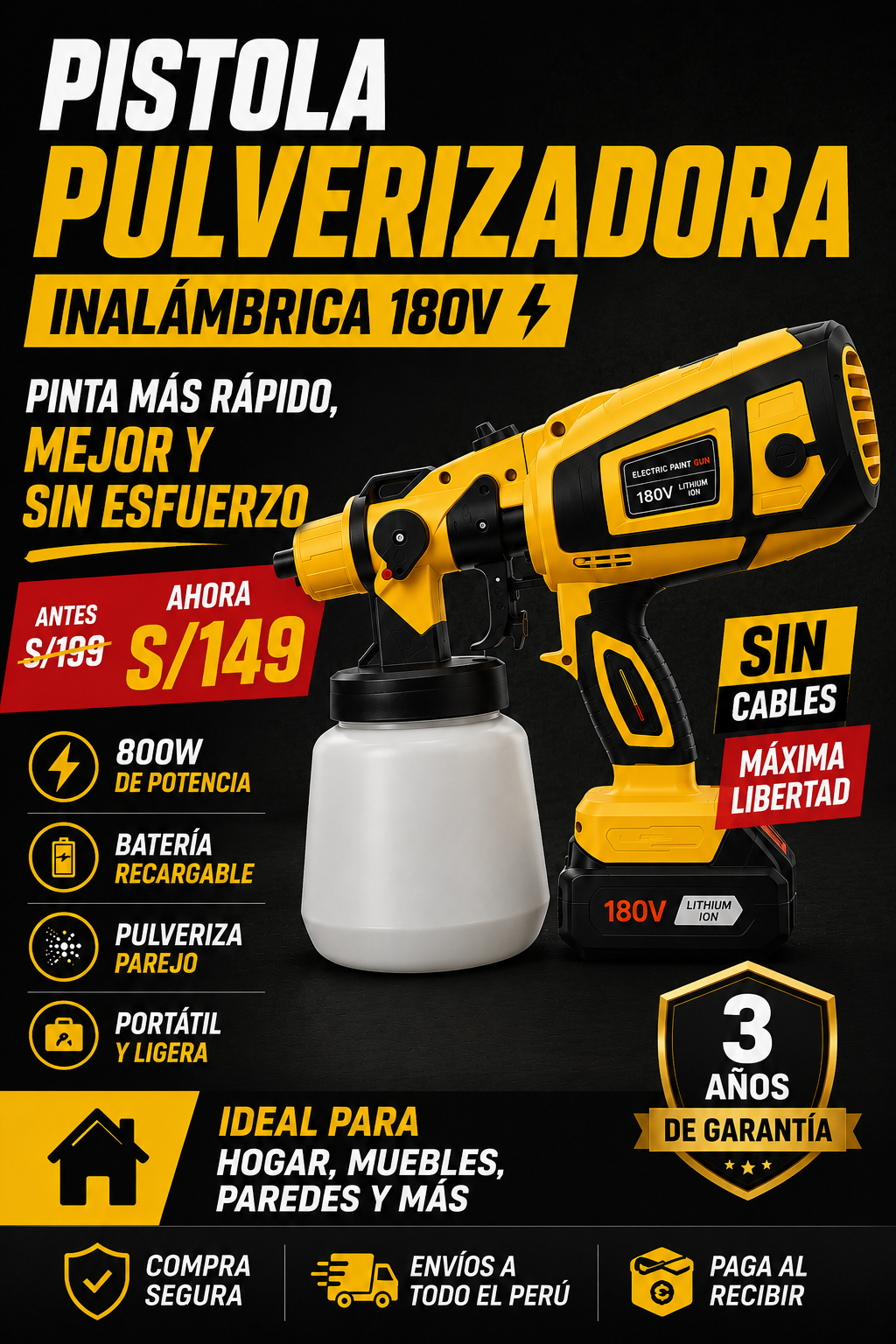 PULVERIZADORA DE PINTURA INALAMBRICA 180V
