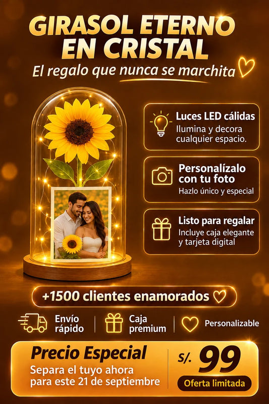 Girasol Eterno en Cápsula de Cristal + Luces Led