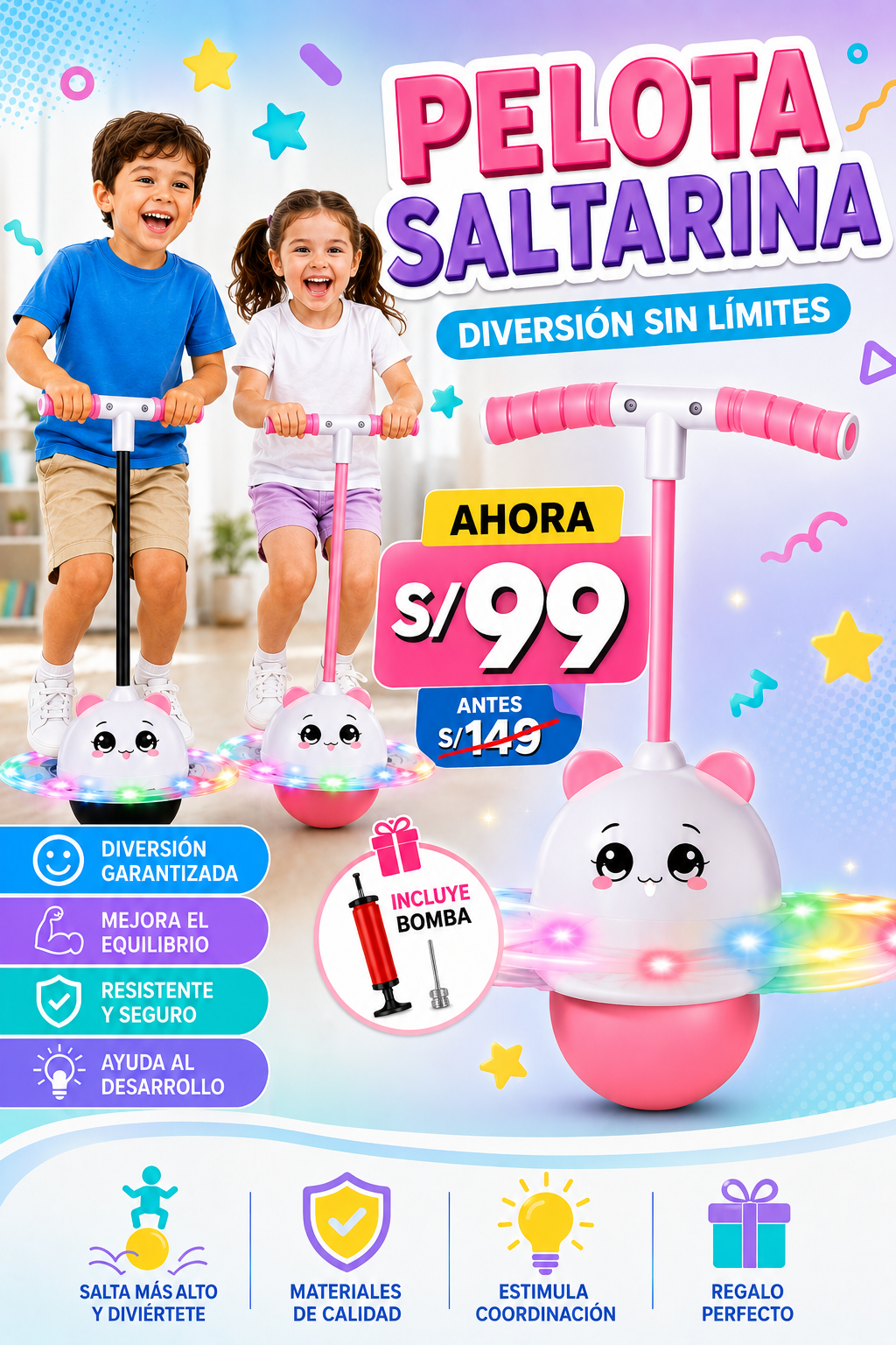 PELOTA SALTARINA CON LUCES LED + INFLADOR