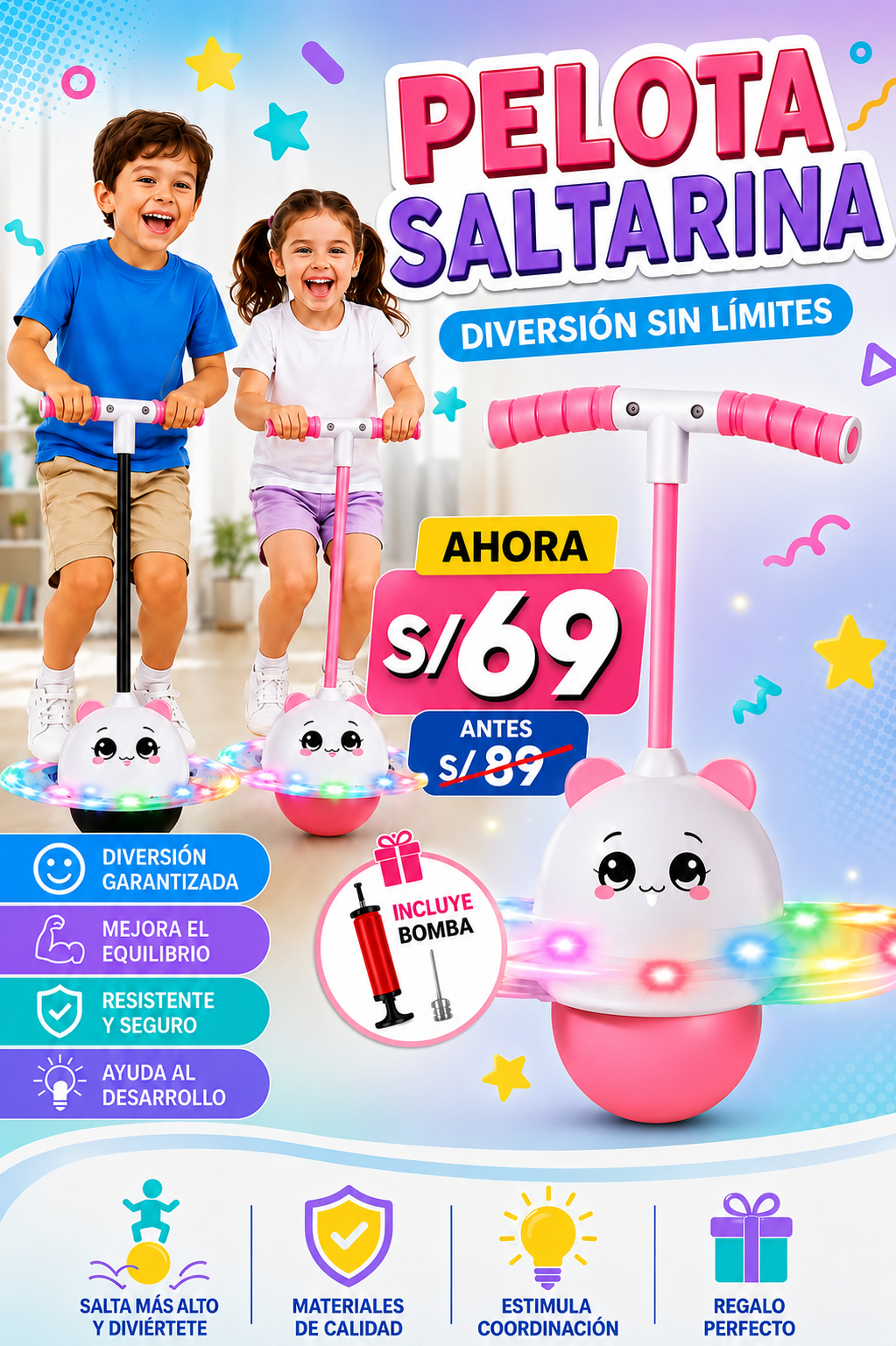 PELOTA SALTARINA CON LUCES LED + INFLADOR