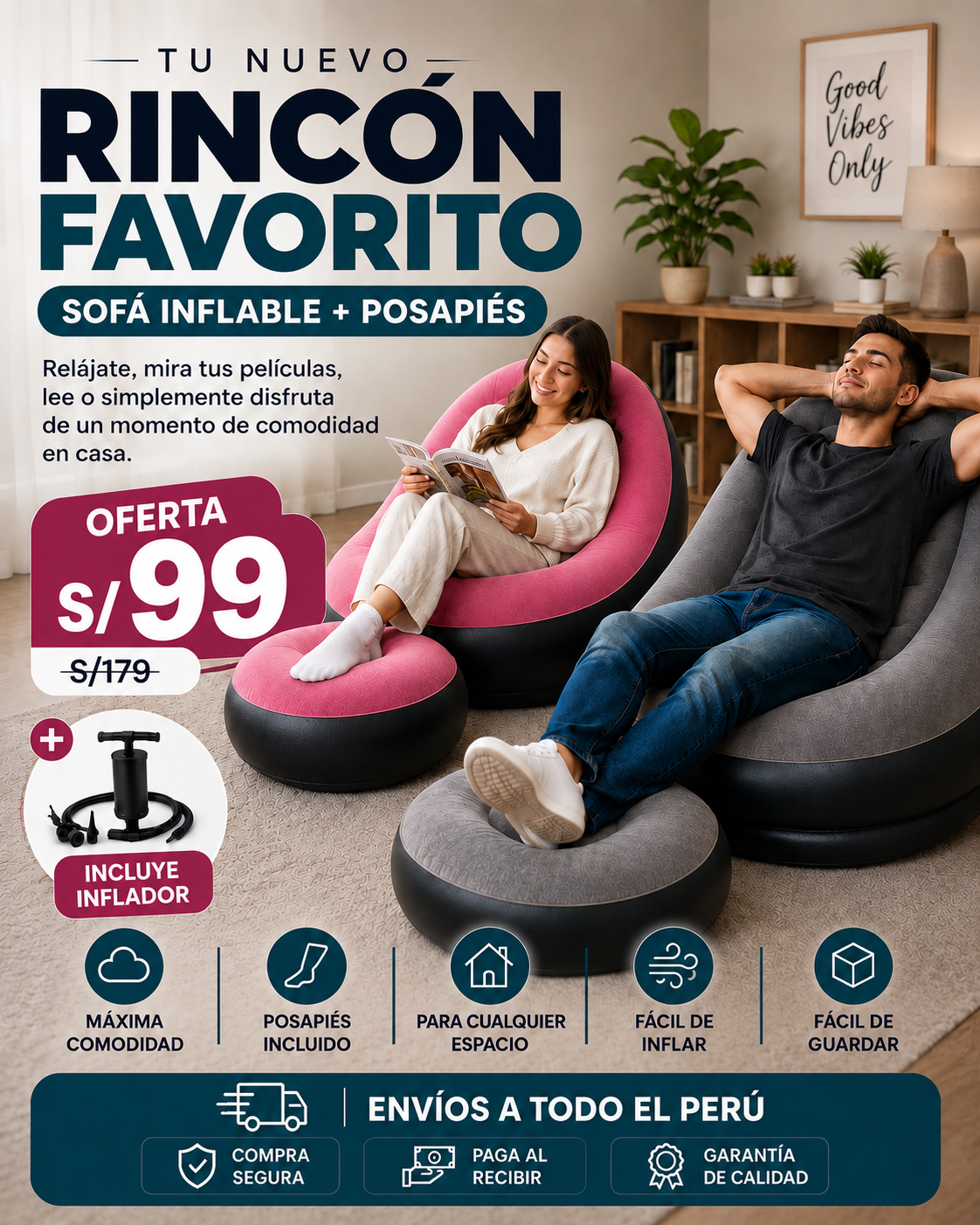 Sillon Puff Ergonómico Inflable con Posapies